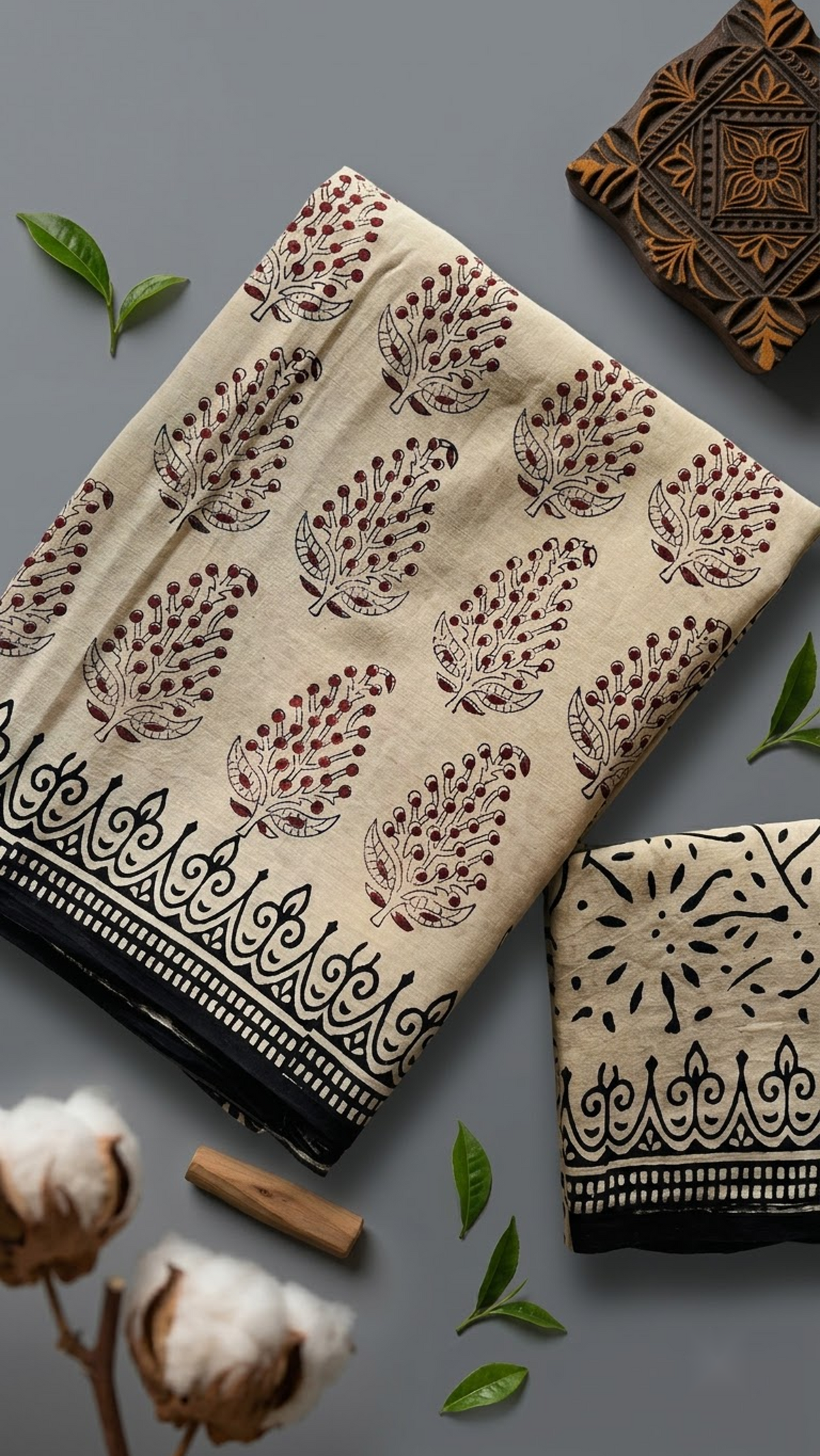 Close view of ivory botanical sprigs, black border, and twig-print blouse piece