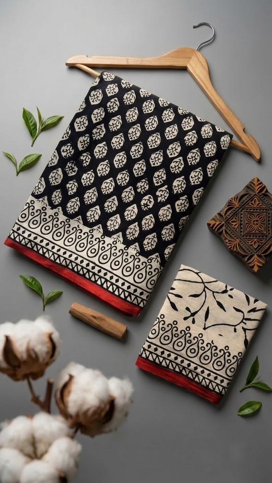 Black cotton saree with ivory leaf motifs, a patterned border with red edging, and an ivory botanical blouse piece, arranged with the blouse piece in a styled flat lay