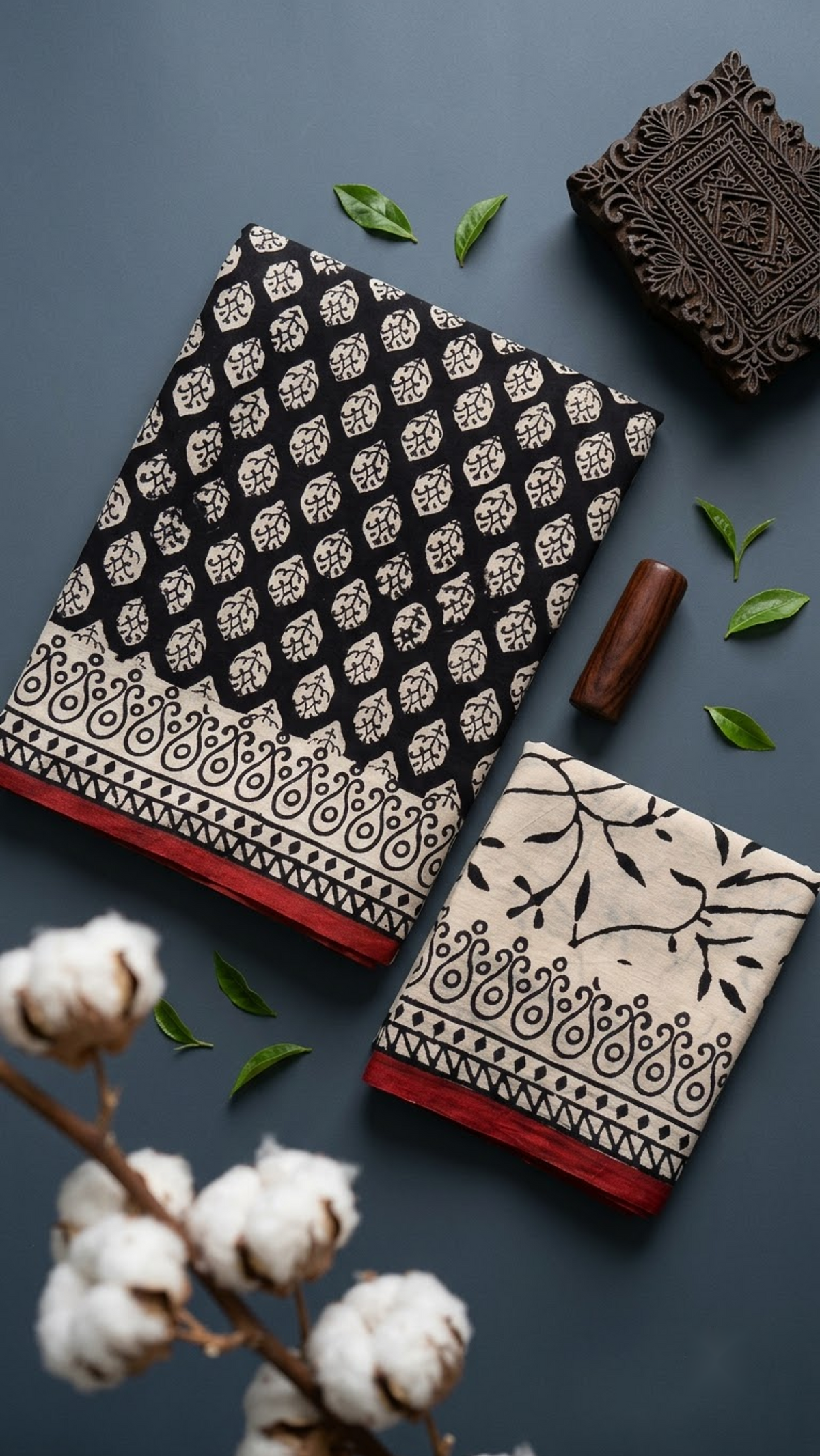 Black cotton saree with ivory leaf motifs, a patterned border with red edging, and an ivory botanical blouse piece, shown with the blouse piece in a close detail view