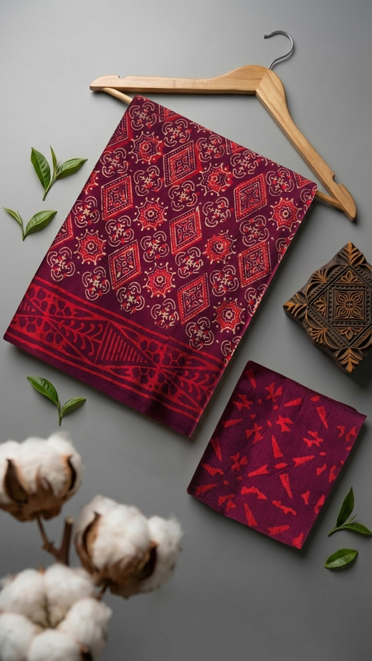 Burgundy cotton saree with a floral geometric print, red patterned border, and burgundy abstract-print blouse piece, arranged with the blouse piece in a styled flat lay