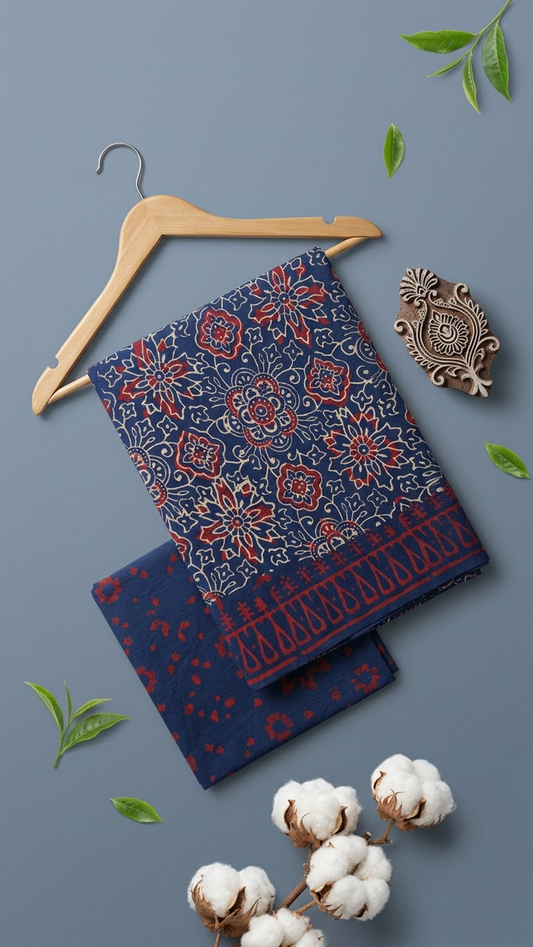 Navy floral medallion cotton saree with its coordinating floral blouse piece in a styled flat lay