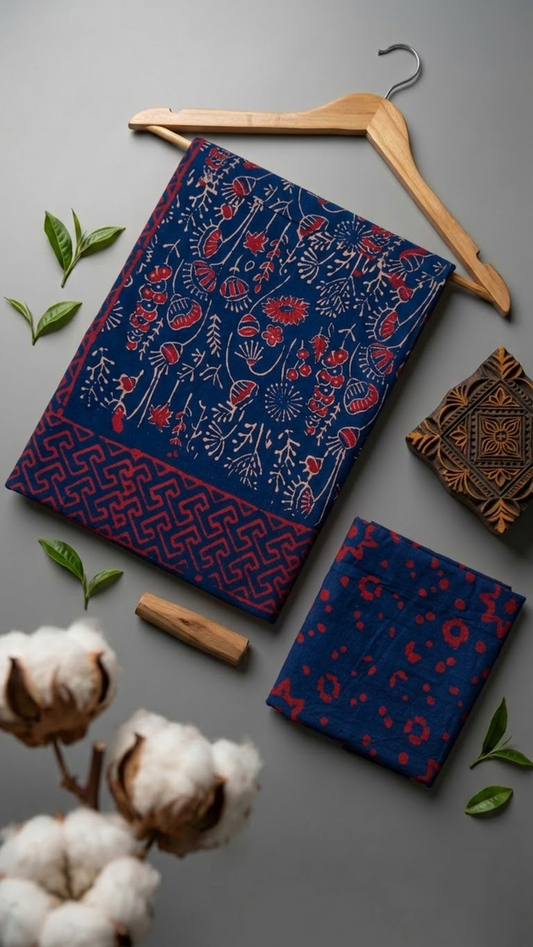 Navy cotton saree with red and ivory floral vines, red ornamental border, and navy floral blouse piece, arranged with the blouse piece in a styled flat lay