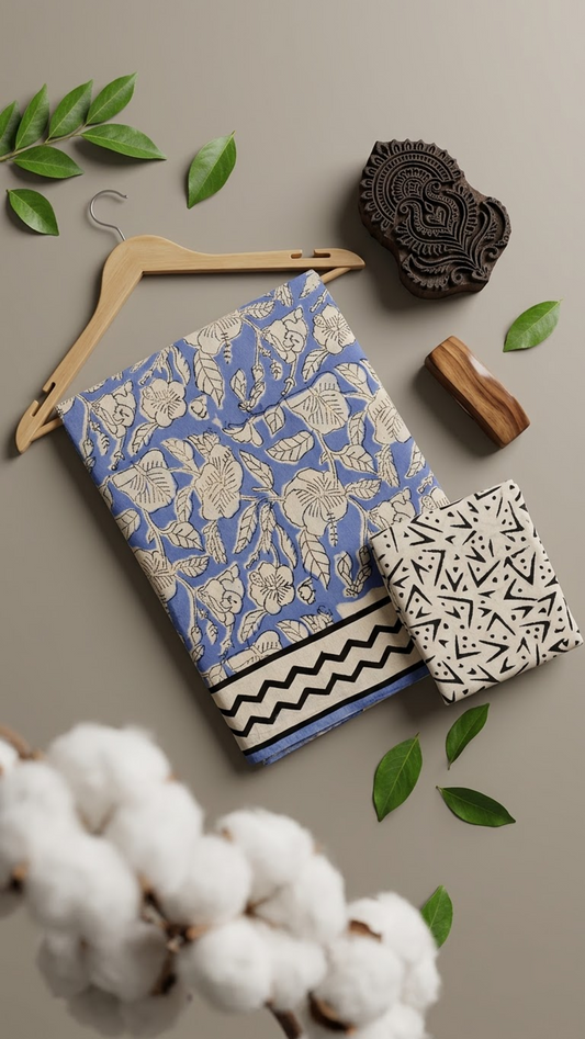 Blue cotton saree with ivory botanical print, black chevron border, and ivory geometric blouse piece, arranged with the blouse piece in a styled flat lay