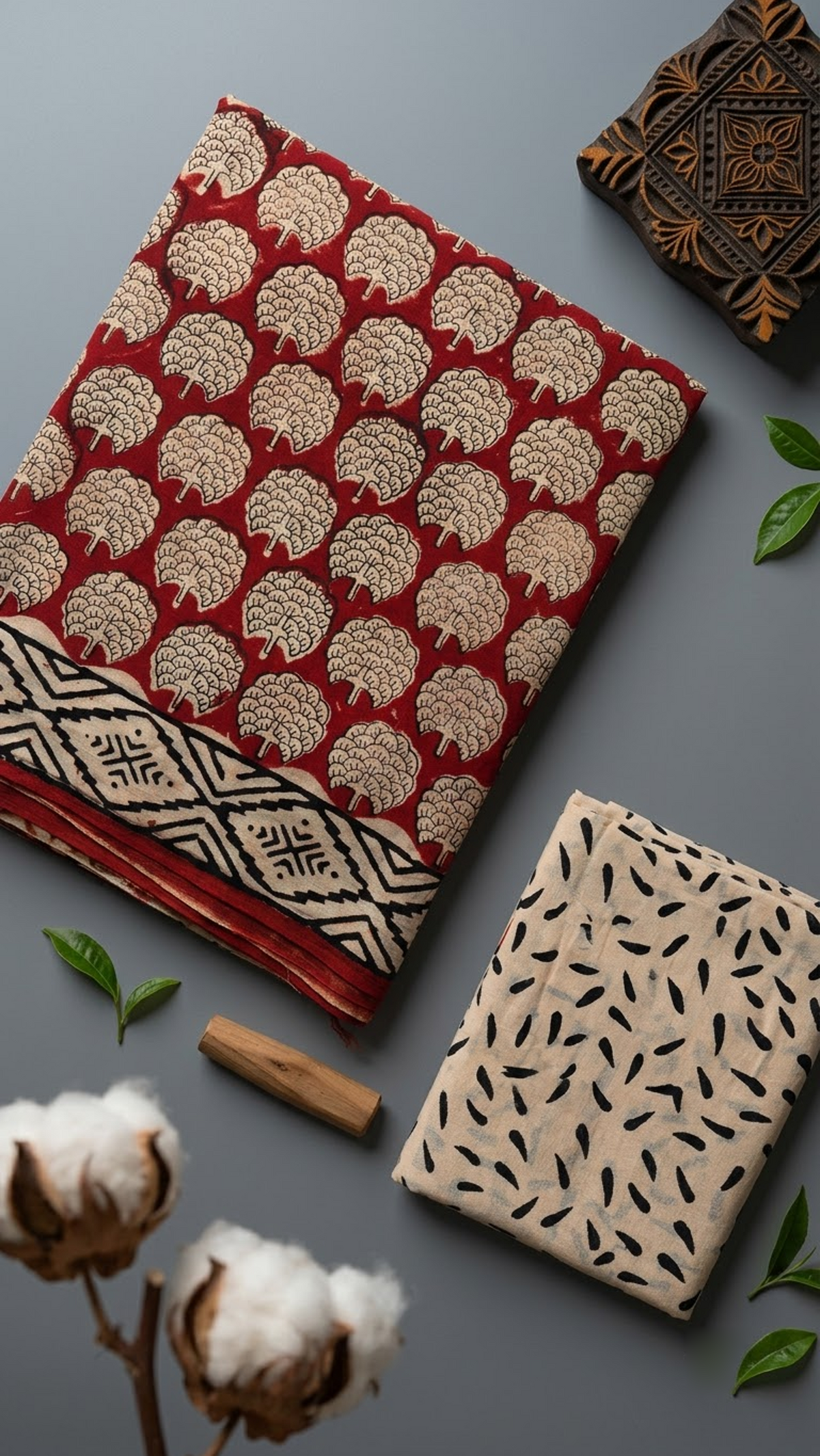 Red cotton saree with ivory floral medallions, black diamond border, and ivory black leaf-print blouse piece, shown with the blouse piece in a close detail view