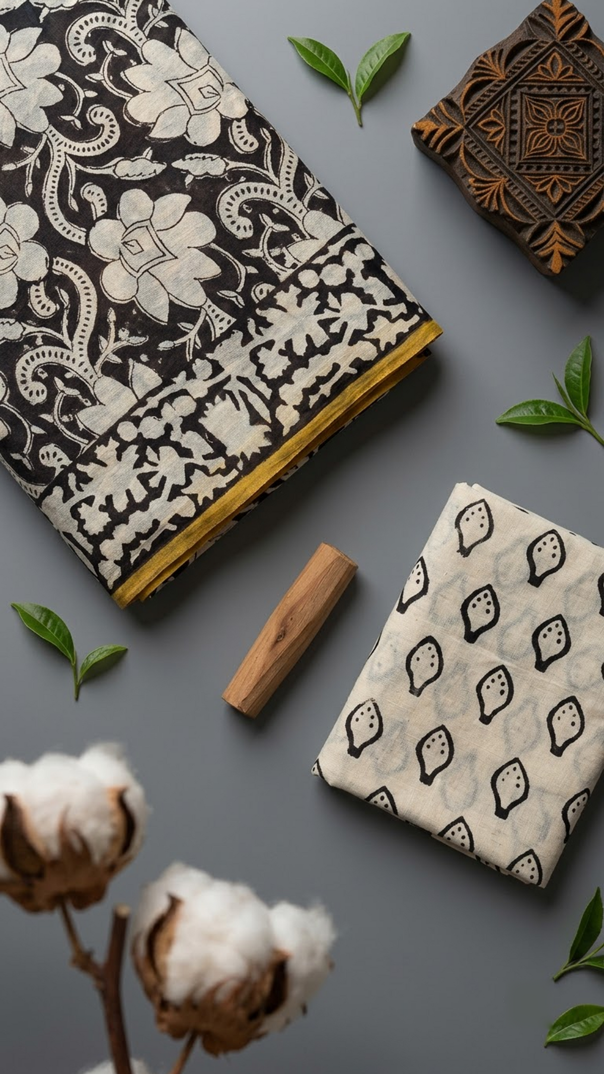 Black cotton saree with ivory floral scrolls, an ivory border with yellow edging, and ivory black motif blouse piece, shown with the blouse piece in a close detail view
