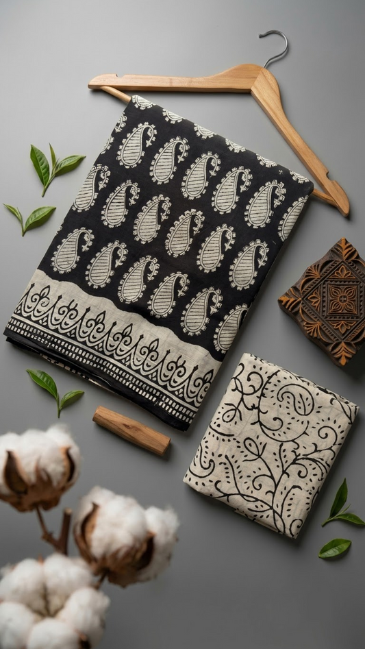 Black cotton saree with repeated ivory paisleys, ivory patterned border, and ivory scroll-print blouse piece, arranged with the blouse piece in a styled flat lay