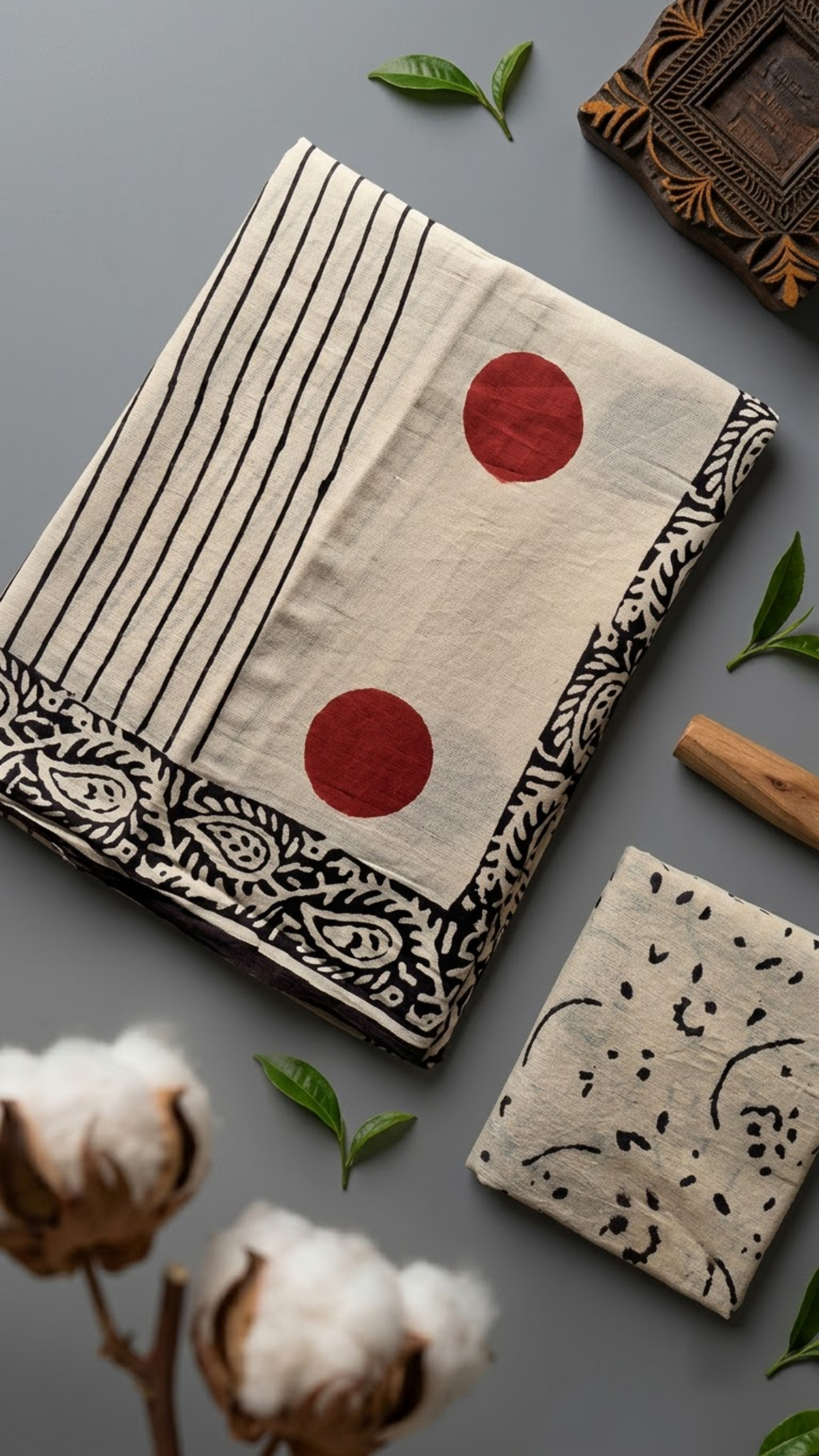 Ivory cotton saree with black stripes, red circles, black paisley border, and ivory abstract-print blouse piece, shown with the blouse piece in a close detail view