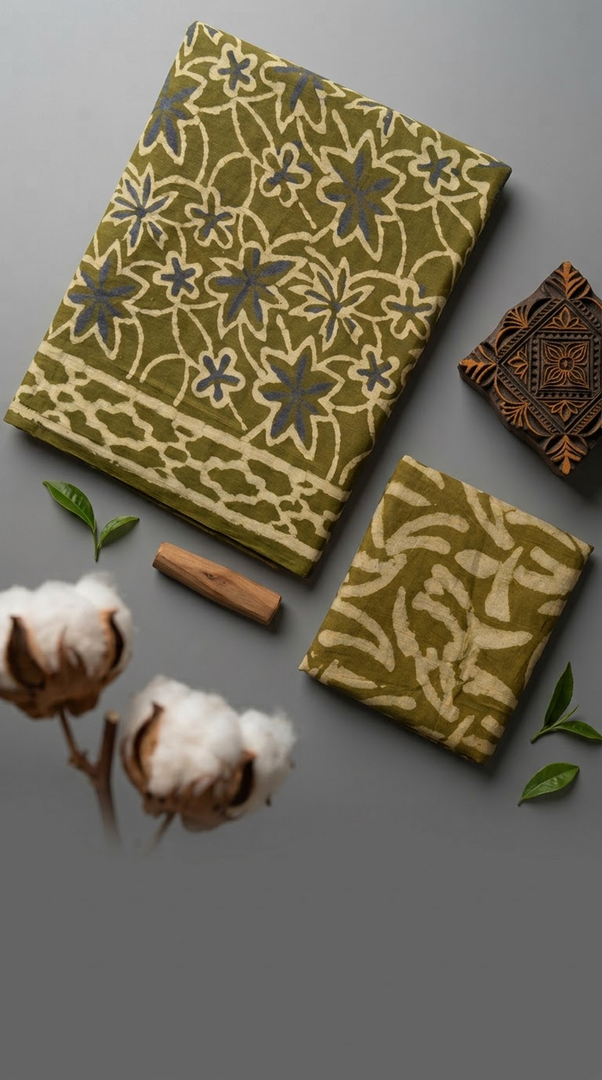 Close view of olive fabric with ivory outlined flowers and a patterned blouse piece