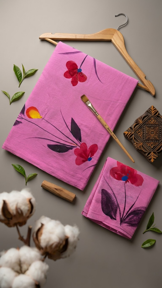 Pink floral cotton saree and matching pink floral blouse piece arranged in an artisan flat lay