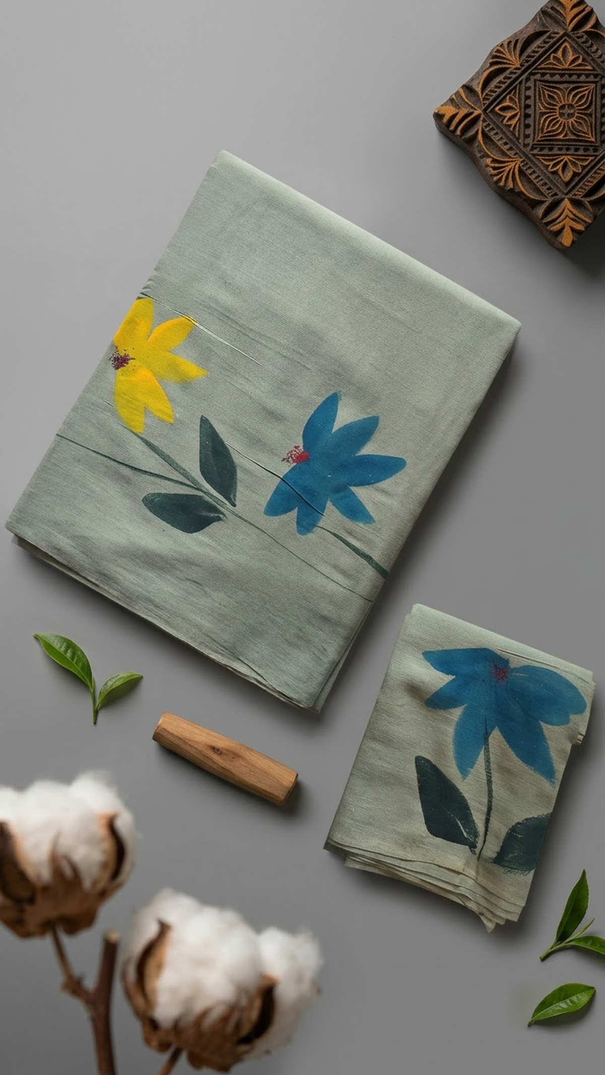 Sage green cotton saree with blue and yellow flowers, dark green leaves, and a coordinating blue floral blouse piece, shown with the blouse piece in a close detail view