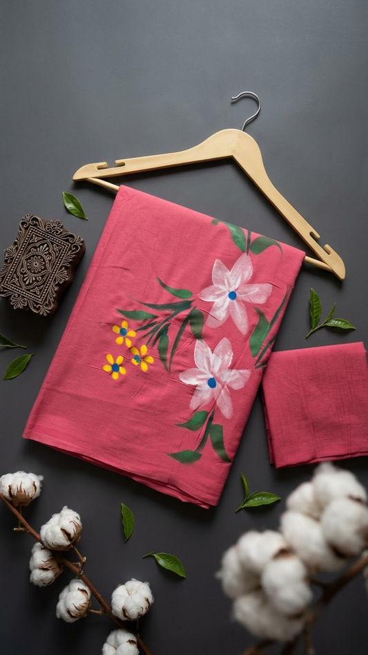 Rose pink cotton saree with white and yellow flowers, green leafy stems, and a plain rose pink blouse piece, arranged with the blouse piece in a styled flat lay