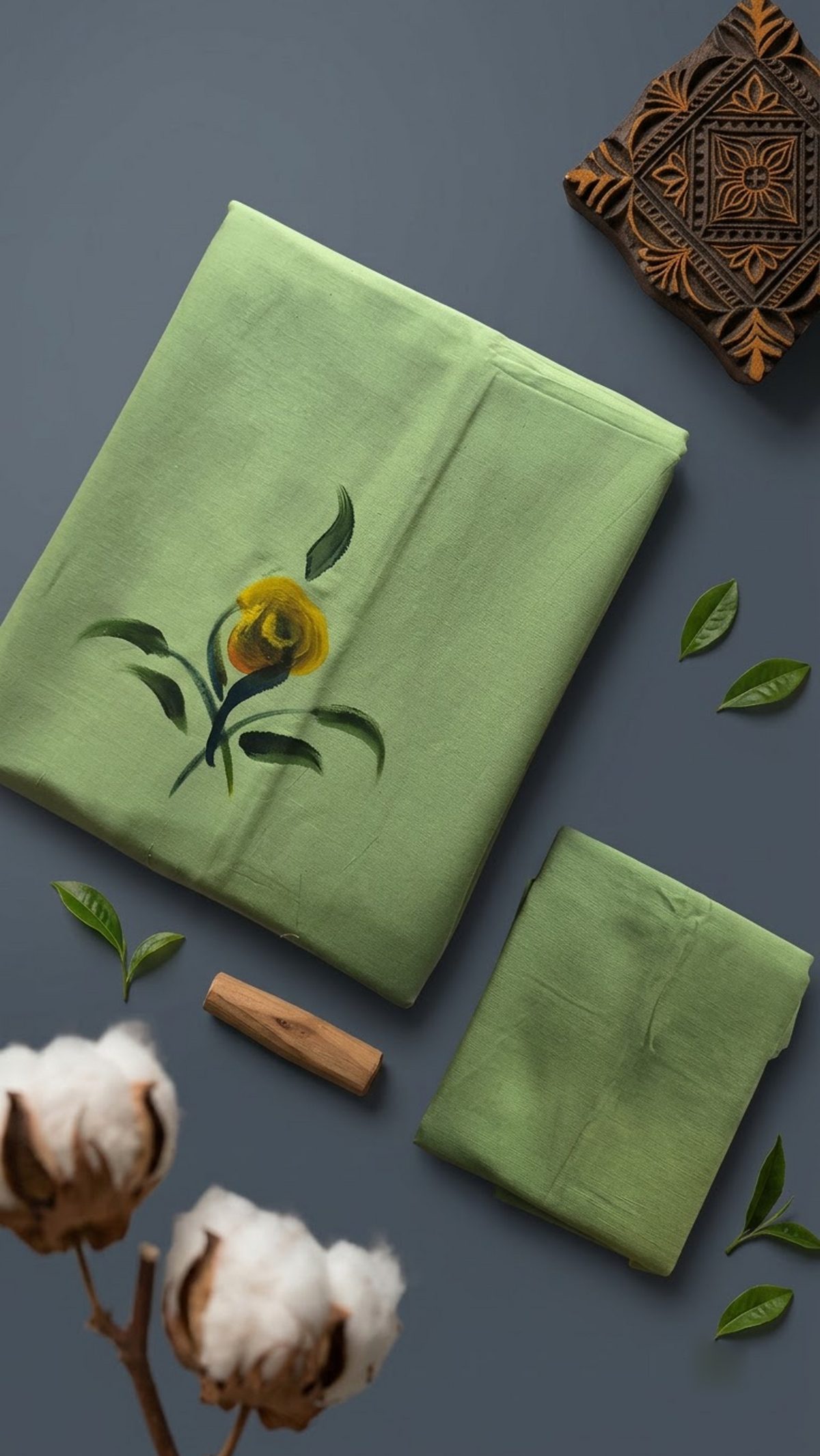 Light green cotton saree with a yellow flower, dark green leafy stems, and a plain light green blouse piece, shown with the blouse piece in a close detail view