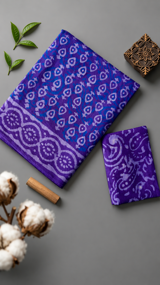 Purple teardrop print cotton saree with its circular patterned border and purple paisley blouse piece arranged in an artisan flat lay