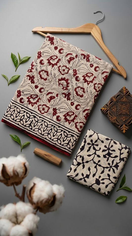 Flat lay of ivory and red floral print cotton saree with coordinating blouse piece