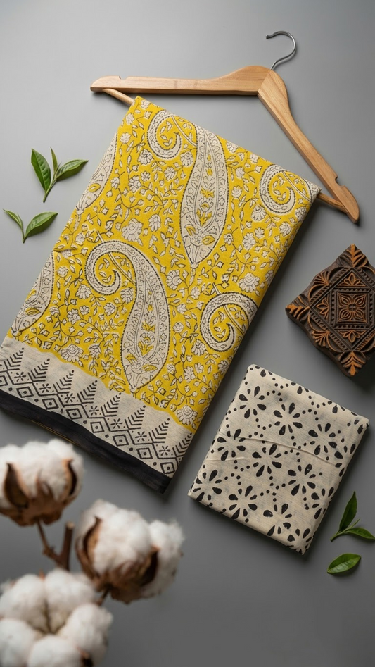 Flat lay of yellow paisley print cotton saree with coordinating blouse piece