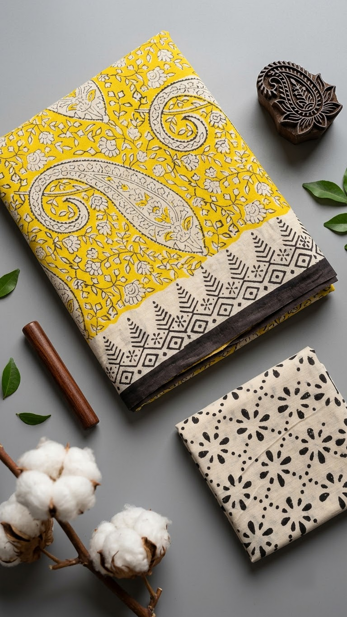 Detail of yellow paisley print cotton saree print and blouse piece