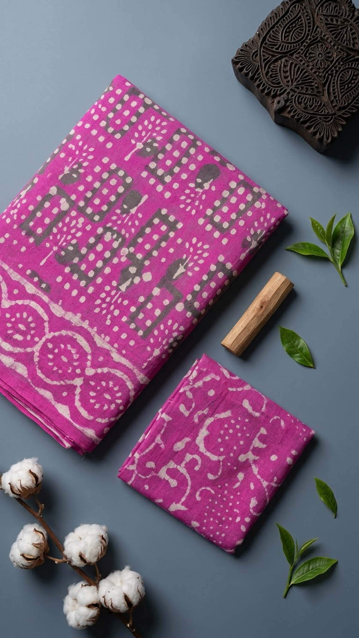 Detail of magenta geometric print cotton saree print and blouse piece