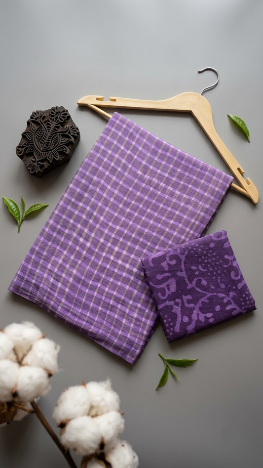 Flat lay of purple check cotton saree with coordinating blouse piece