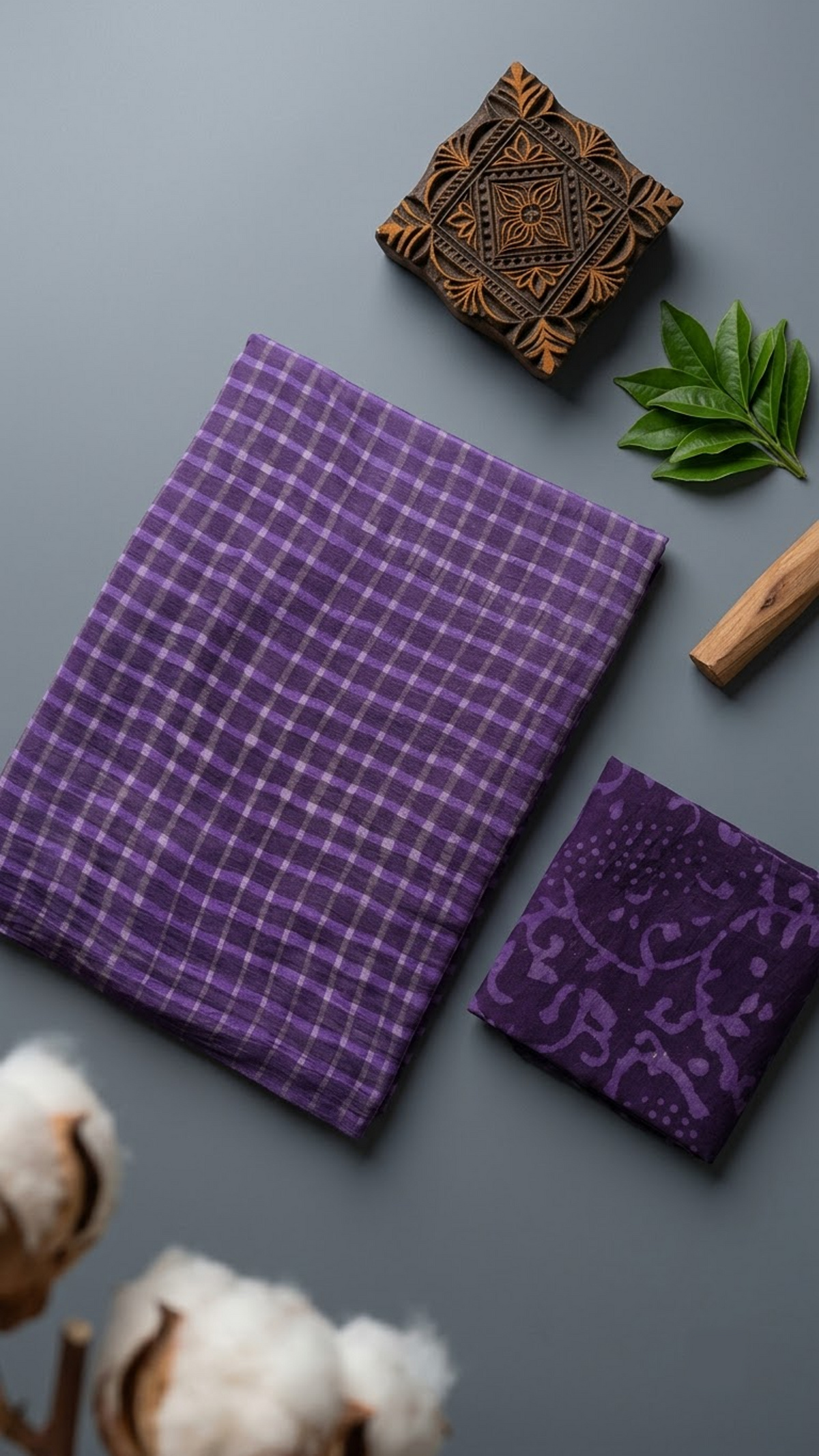 Detail of purple check cotton saree print and blouse piece