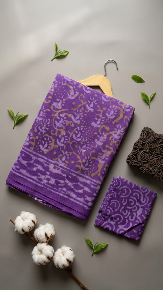 Flat lay of purple floral vine cotton saree with coordinating blouse piece