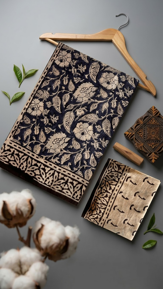 Flat lay of dark floral print cotton saree with coordinating blouse piece