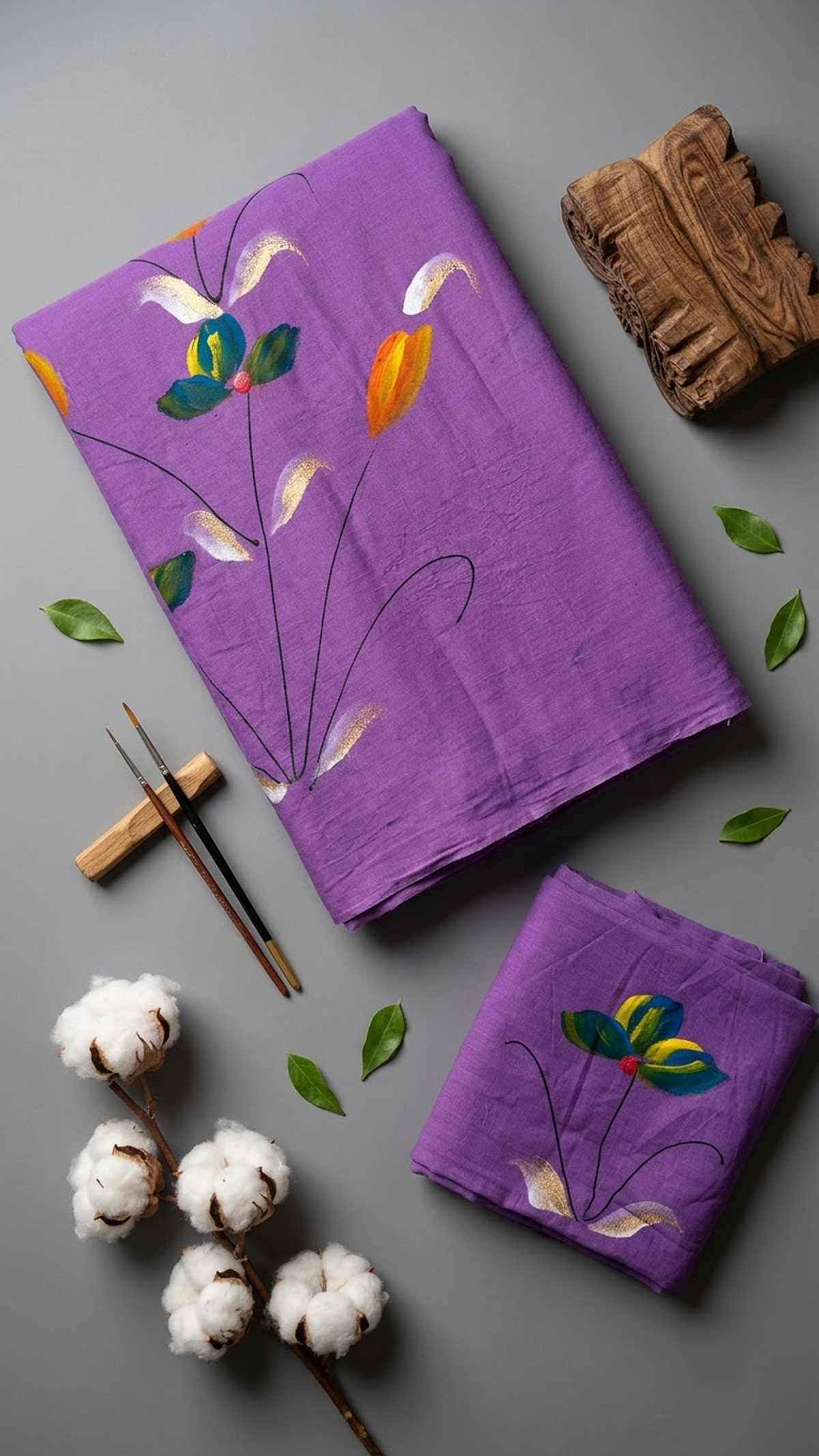 Detail of purple floral print cotton saree print and blouse piece