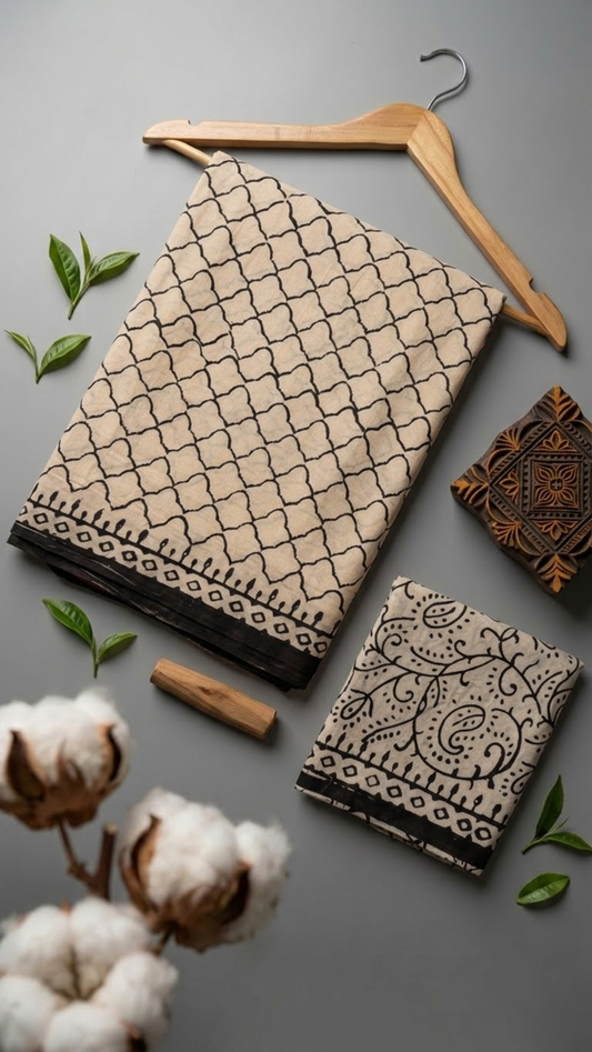 Flat lay of ivory lattice cotton saree with coordinating blouse piece