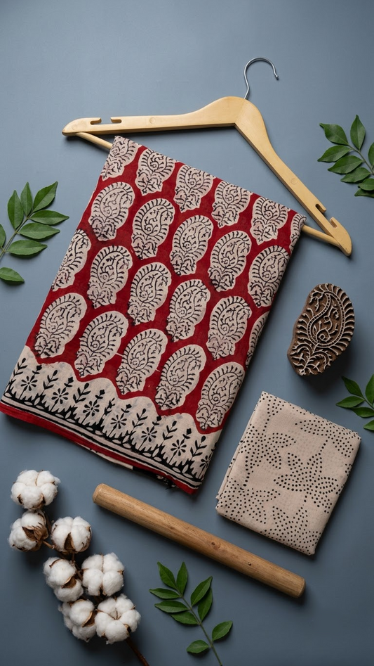 Flat lay of red paisley print cotton saree with coordinating blouse piece