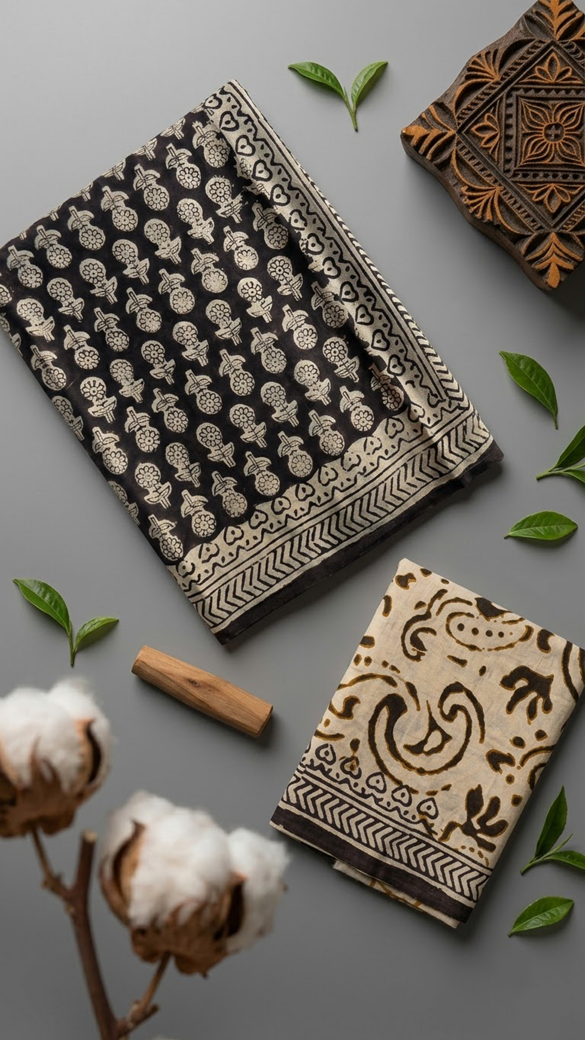 Detail of black floral sprig cotton saree print and blouse piece