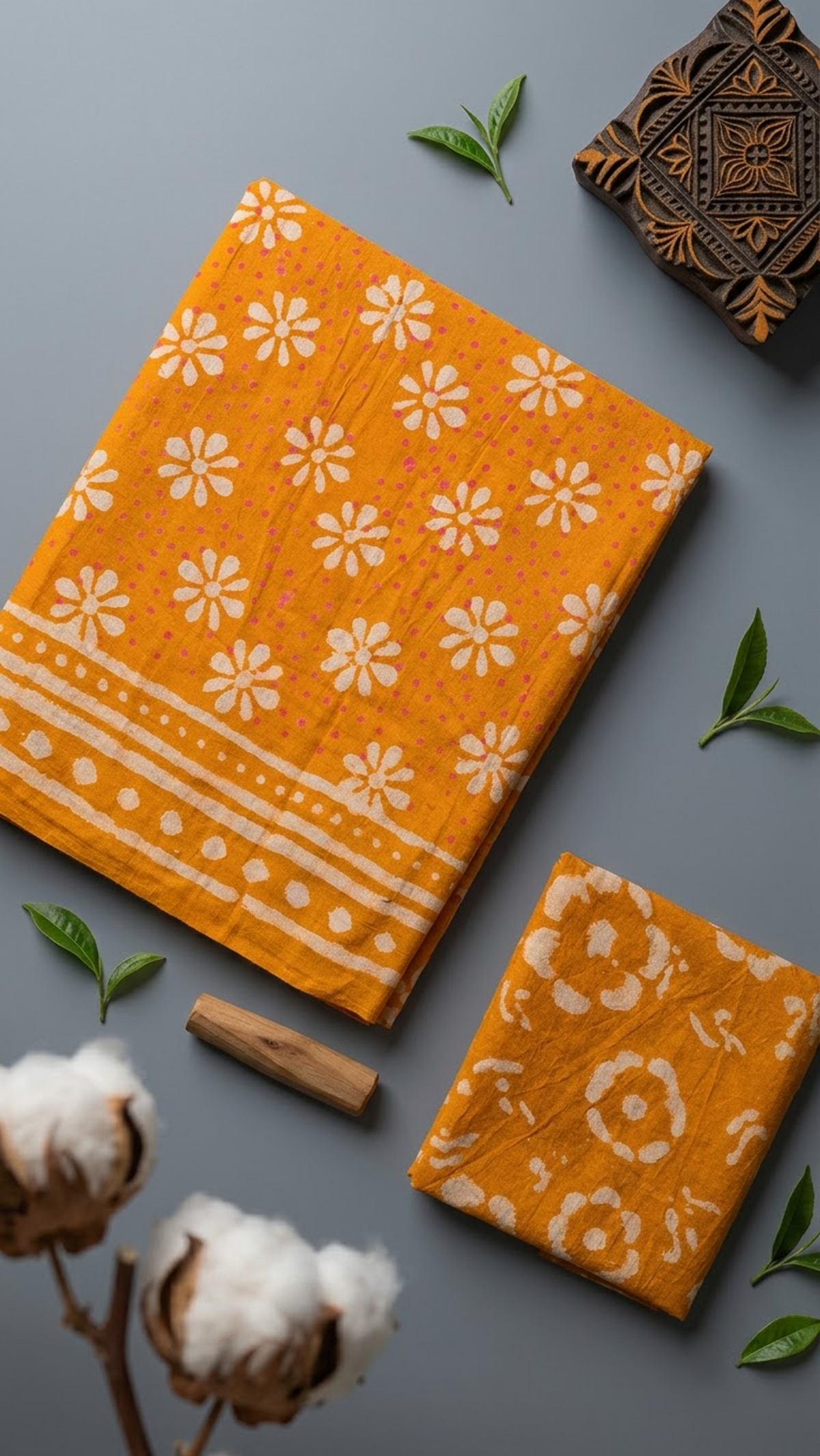 Orange cotton saree with ivory daisy motifs, an ivory striped and dotted border, and an orange circular floral blouse piece, shown with the blouse piece in a close detail view