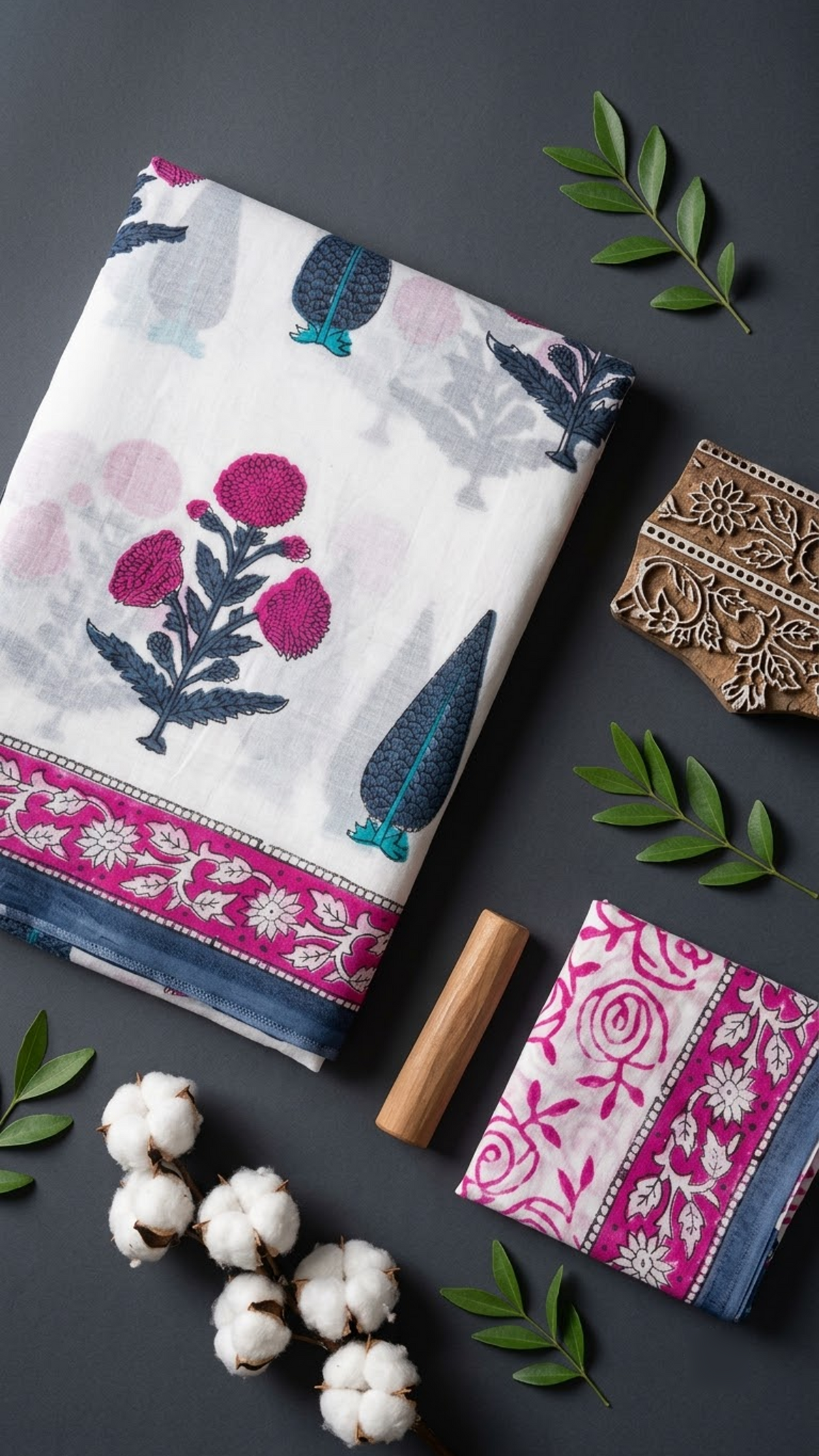 Ivory cotton saree with magenta flowers, navy foliage and teal accents, a magenta floral border with navy edging, and an ivory magenta rose blouse piece, shown with the blouse piece in a close detail view
