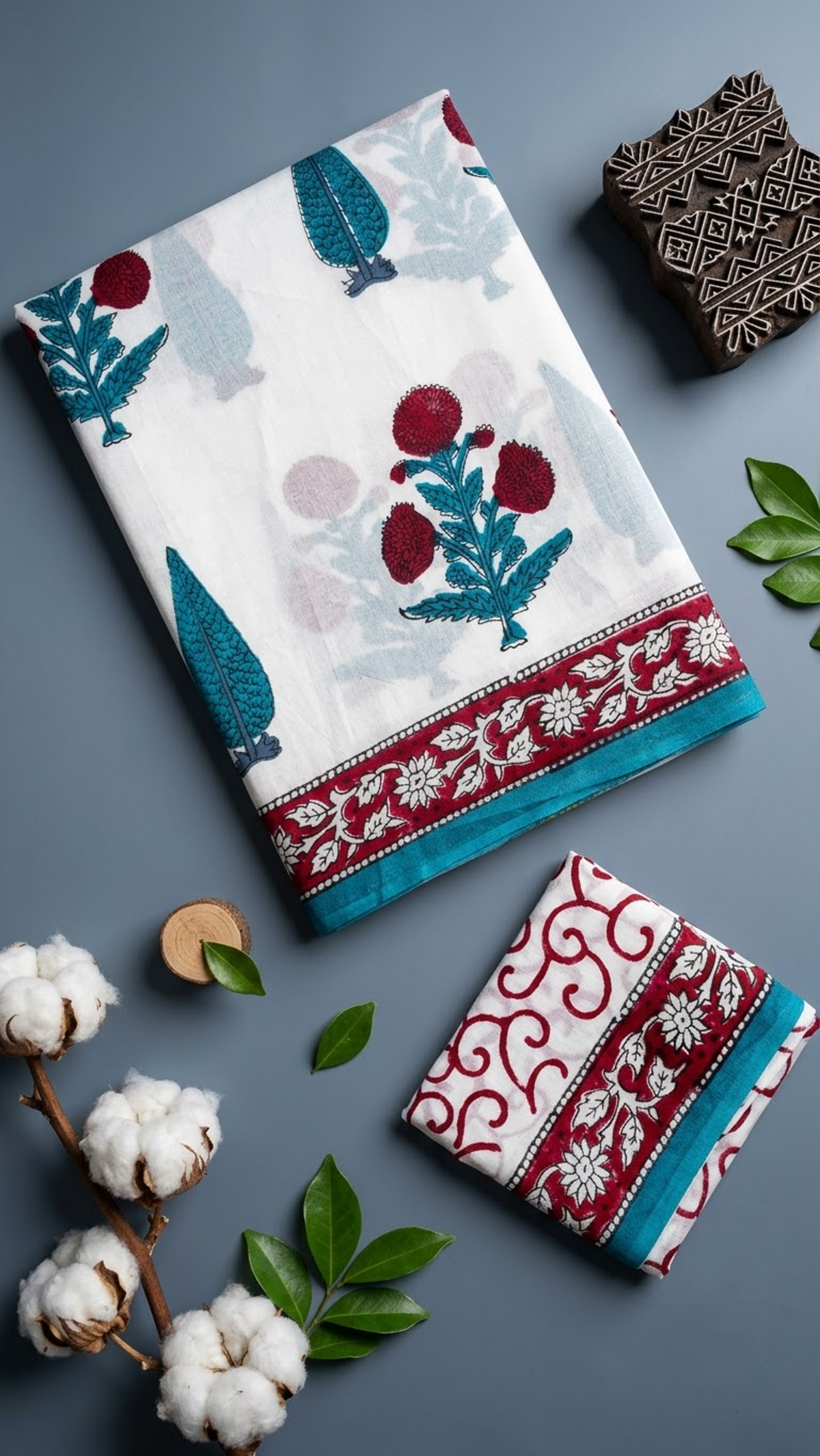 Ivory cotton saree with red flower clusters and teal foliage, a red floral border with teal edging, and an ivory red scroll-print blouse piece, shown with the blouse piece in a close detail view
