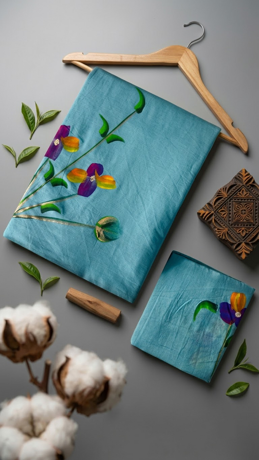 Turquoise cotton saree with purple and orange-yellow flowers, green stems, and a coordinating floral blouse piece, arranged with the blouse piece in a styled flat lay
