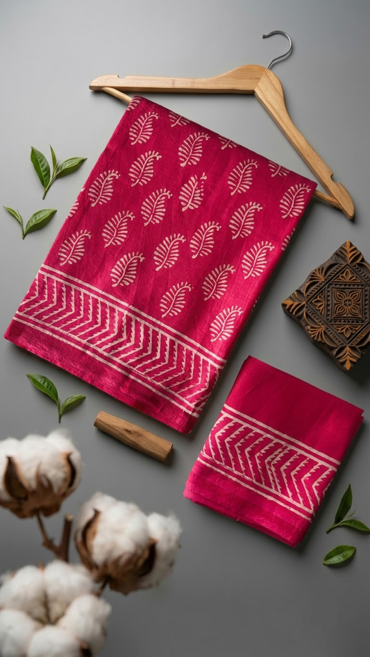 Deep pink cotton saree with ivory leafy sprigs, an ivory chevron border, and a matching bordered blouse piece, arranged with the blouse piece in a styled flat lay