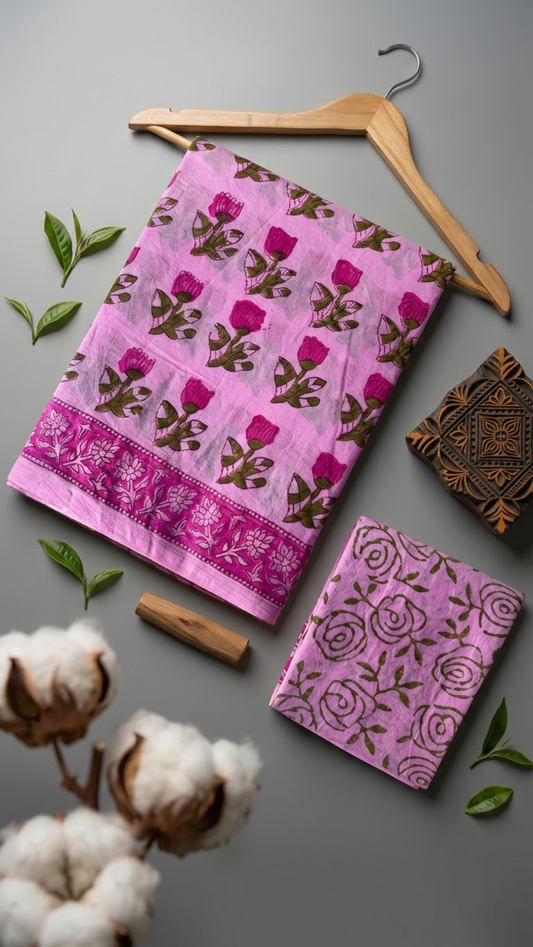 Pink cotton saree with magenta rosebuds, a magenta floral border, and a pink olive rose-print blouse piece, arranged with the blouse piece in a styled flat lay