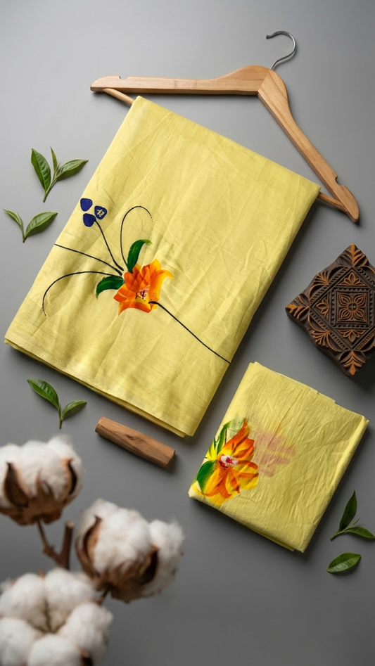 Lemon yellow cotton saree with an orange-yellow flower, green leaves, purple accents, and a coordinating floral blouse piece, arranged with the blouse piece in a styled flat lay