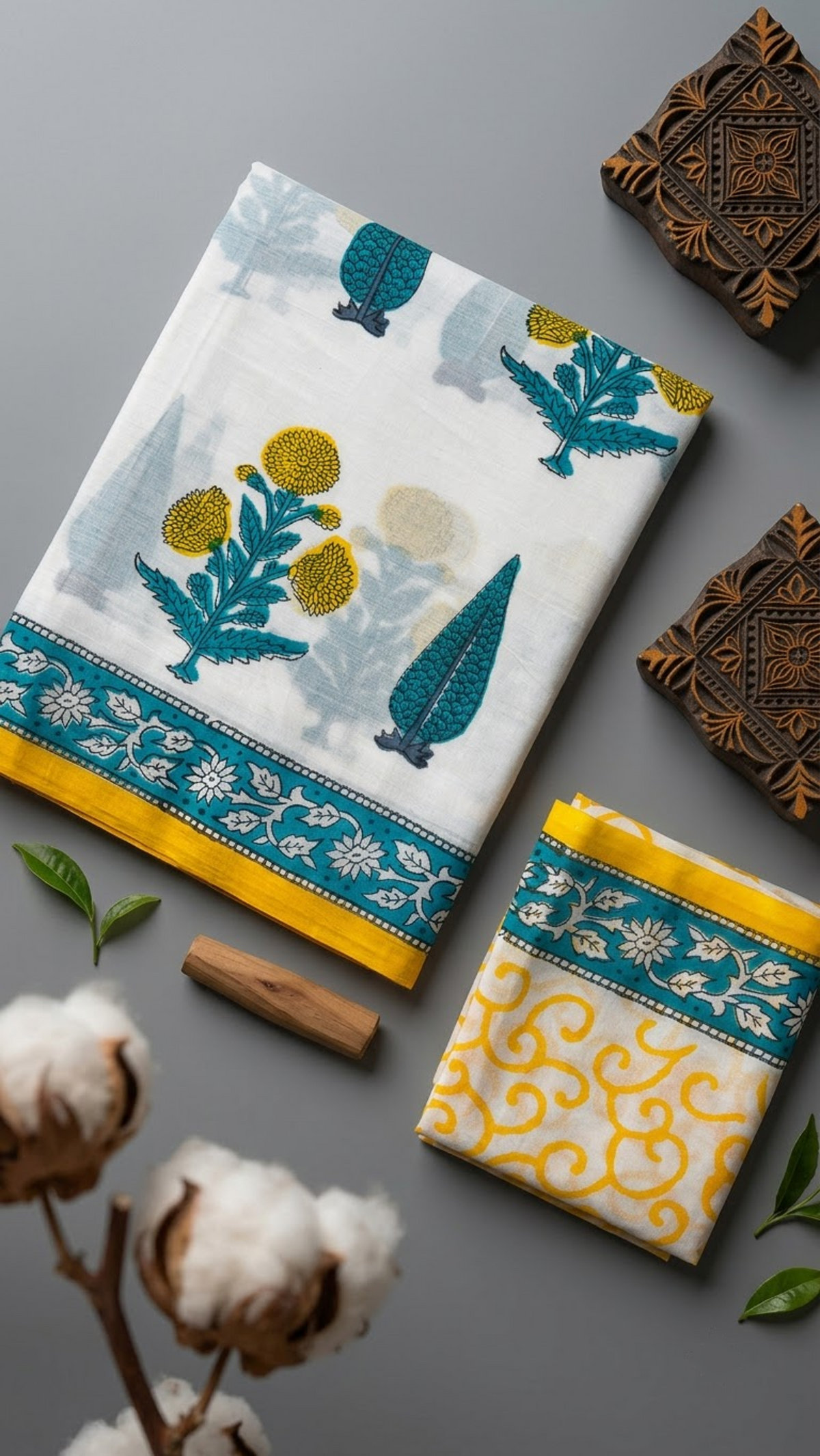 Ivory cotton saree with yellow flower clusters and teal foliage, a teal floral border with yellow edging, and an ivory yellow scroll-print blouse piece, shown with the blouse piece in a close detail view