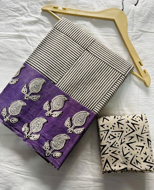 Purple Handblock Printed Cotton Saree with Black & White Striped Pallu