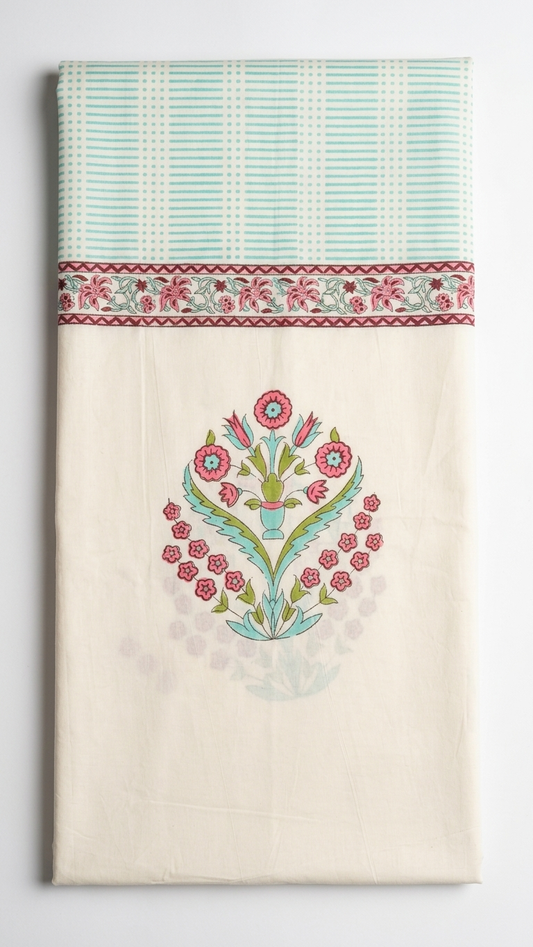 Pink Blossom & Aqua Trellis Block Print Cotton Bedsheet Set folded on white background
