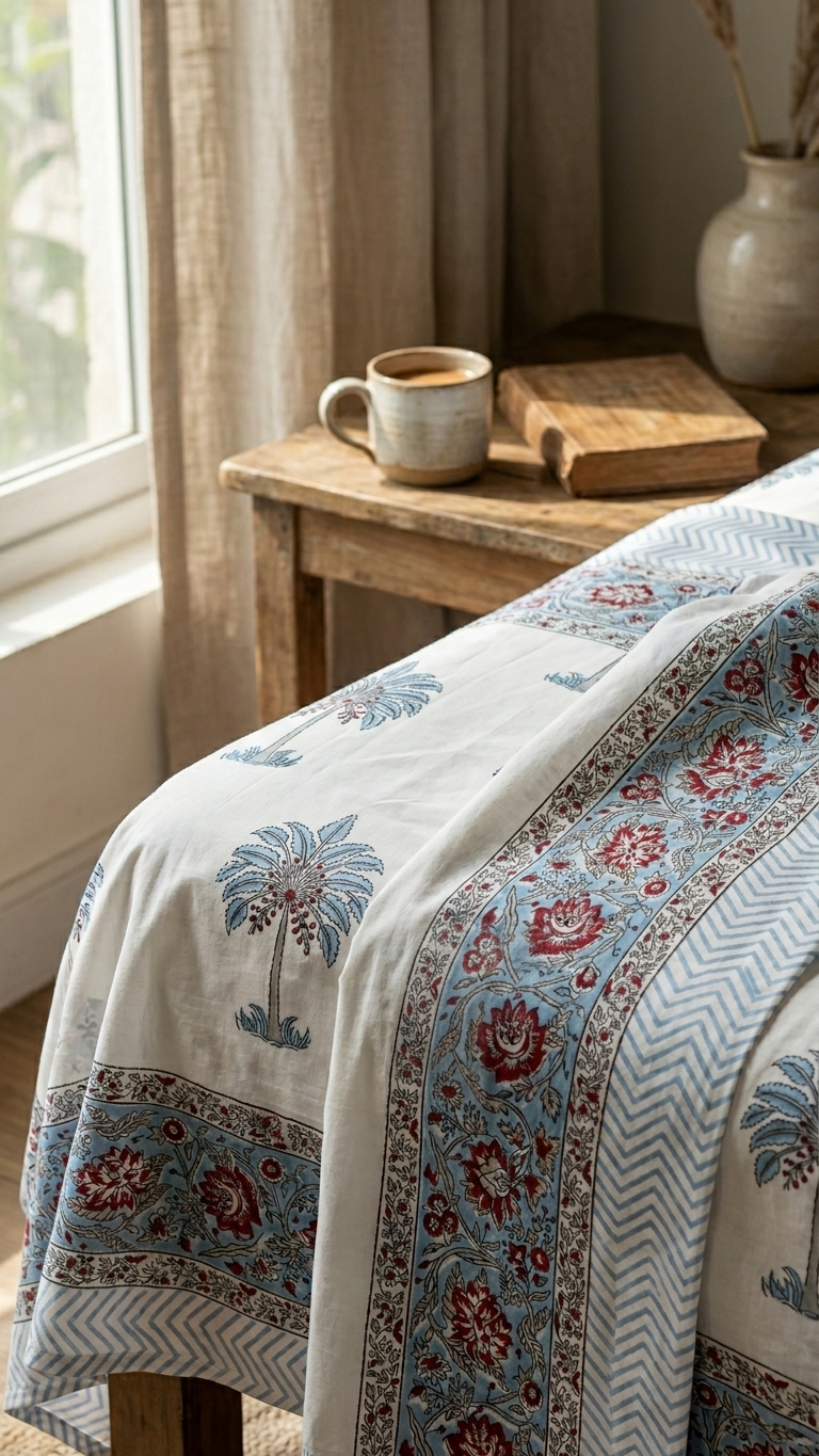 Stuti White & Blue Double Bed Bedsheet – Smooth & Cool