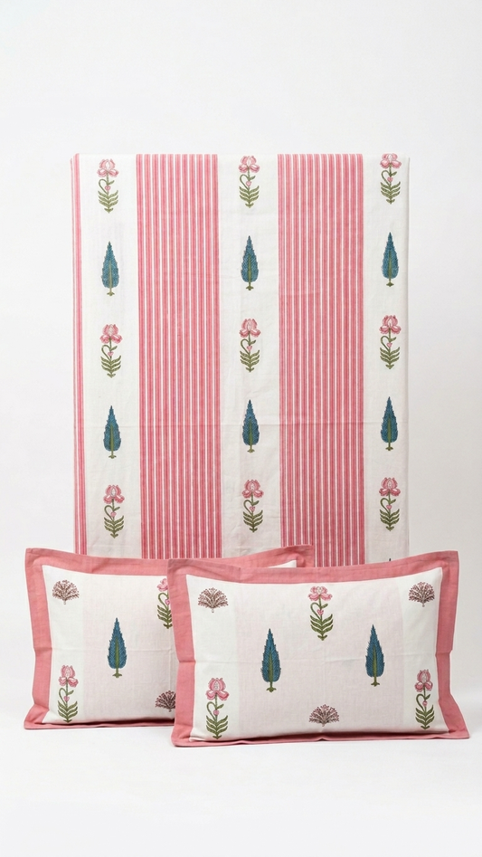 Pink Stripe Floral Block Print Cotton Bedsheet Set