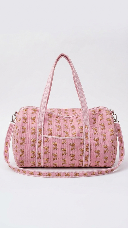 Pink Floral Block Print Quilted Duffle Bag