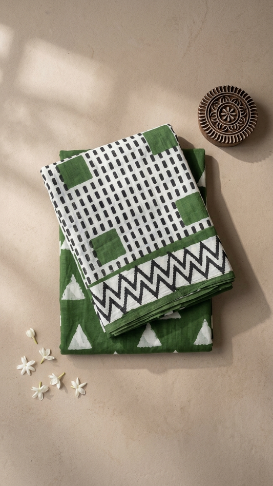 Forest Green Hand Block Printed Cotton Saree