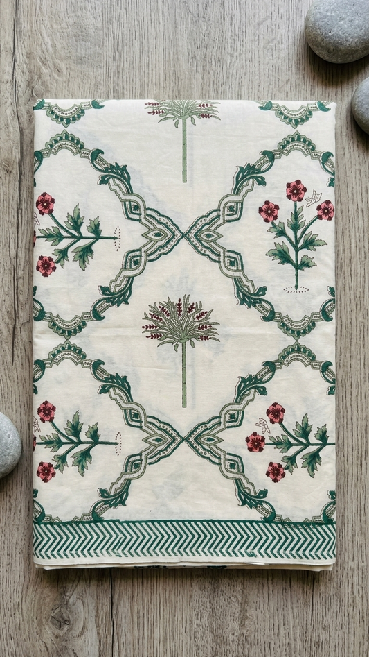 Ivory Emerald & Rose Floral Medallion Print Cotton Bedsheet Set