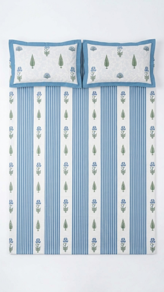 Blue Stripe Block Print Cotton Bedsheet Set