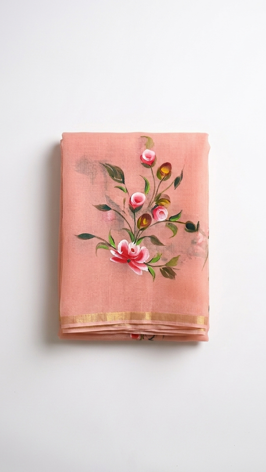 Peach Kota Saree with Hand-Painted Floral Motifs & Gold Zari Border