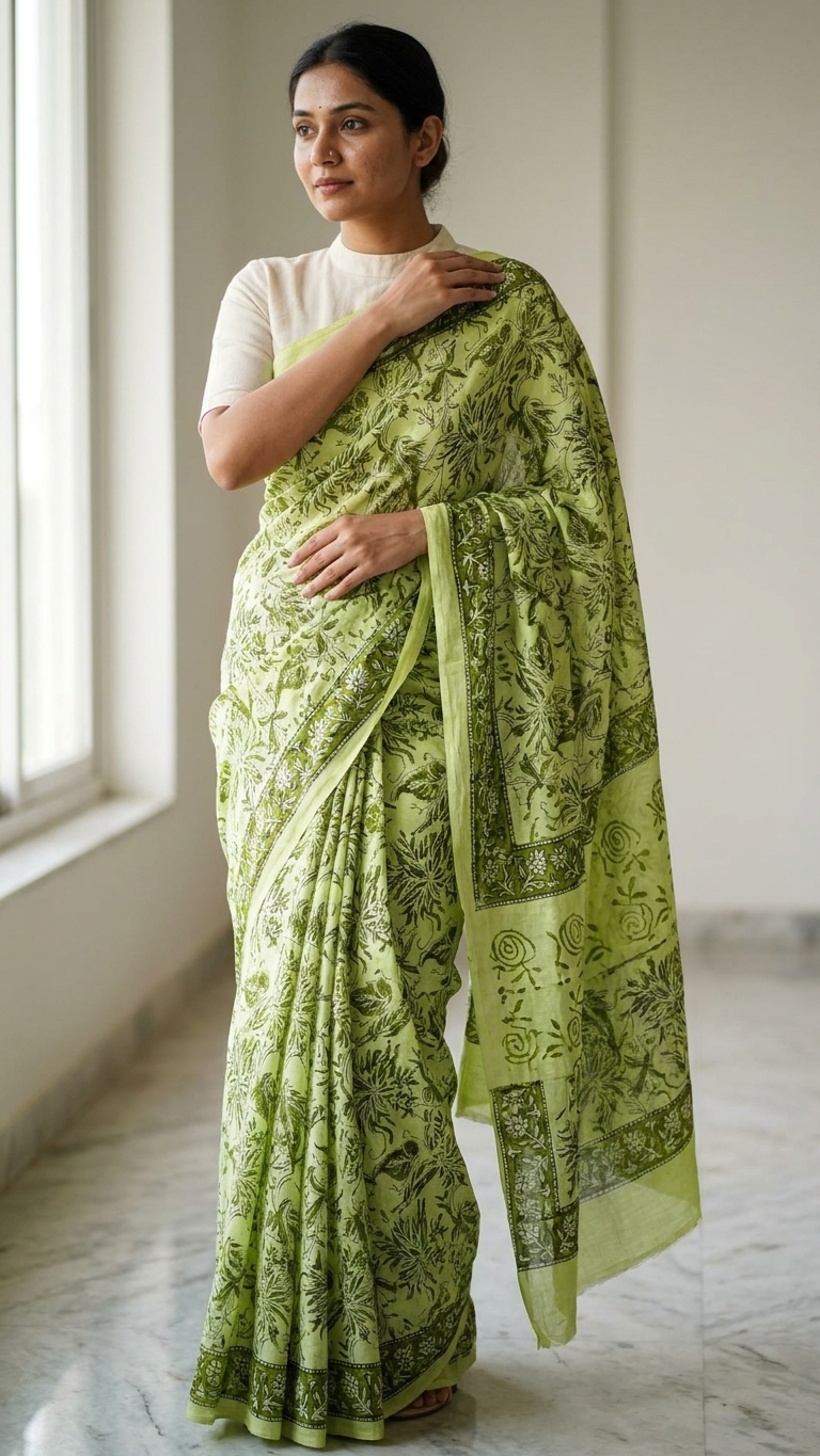 Light Green Floral Handblock Printed Cotton Saree with Contrast Border