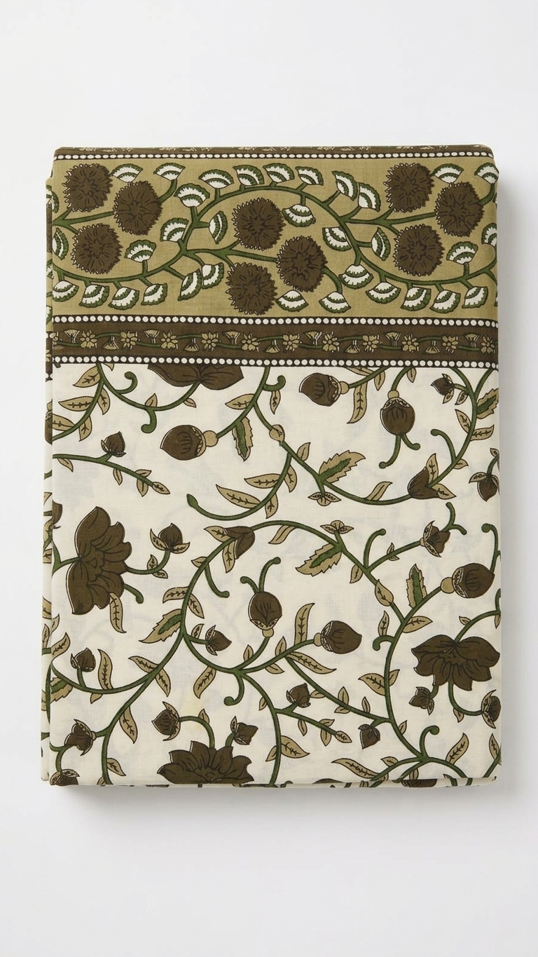 Ivory & Olive Floral Vine Print Cotton Bedsheet Set