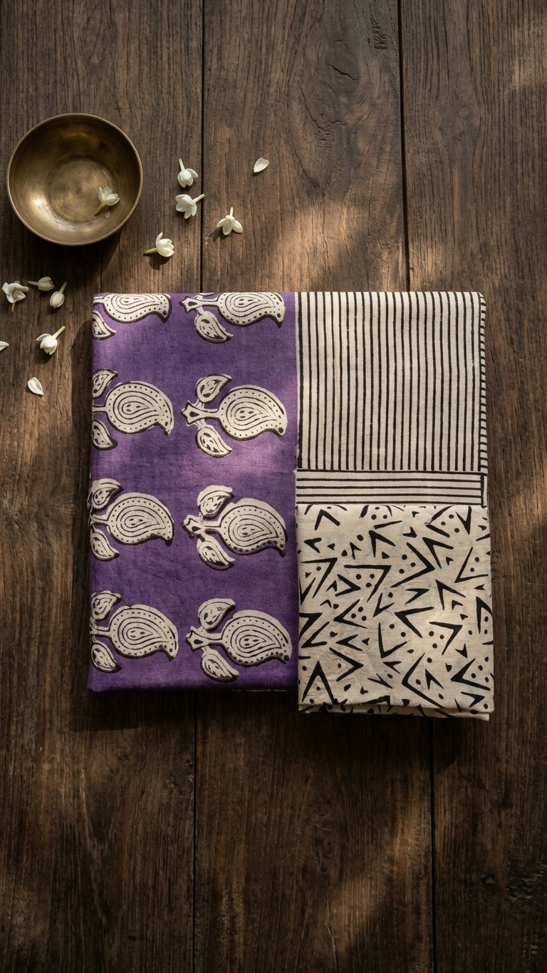 Purple Handblock Printed Cotton Saree with Black & White Striped Pallu