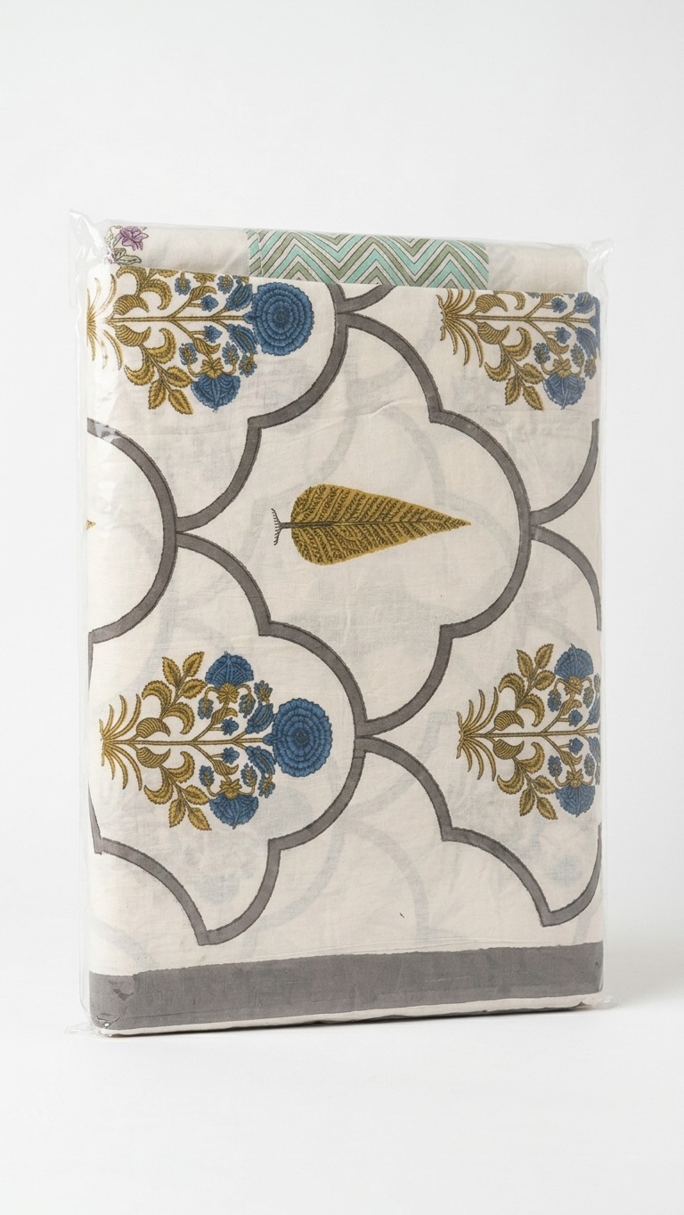 Ivory Blue & Mustard Floral Trellis Print Cotton Bedsheet Set